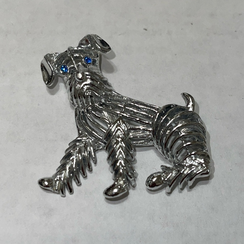 Silver Dog Brooch with Blue Accents